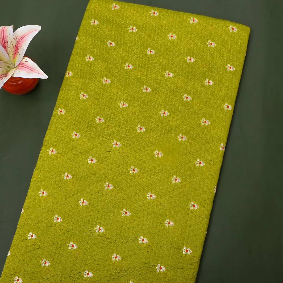 Avocado Gold Zari Floral Butti Self Weave Jamawar Tissue Fabric