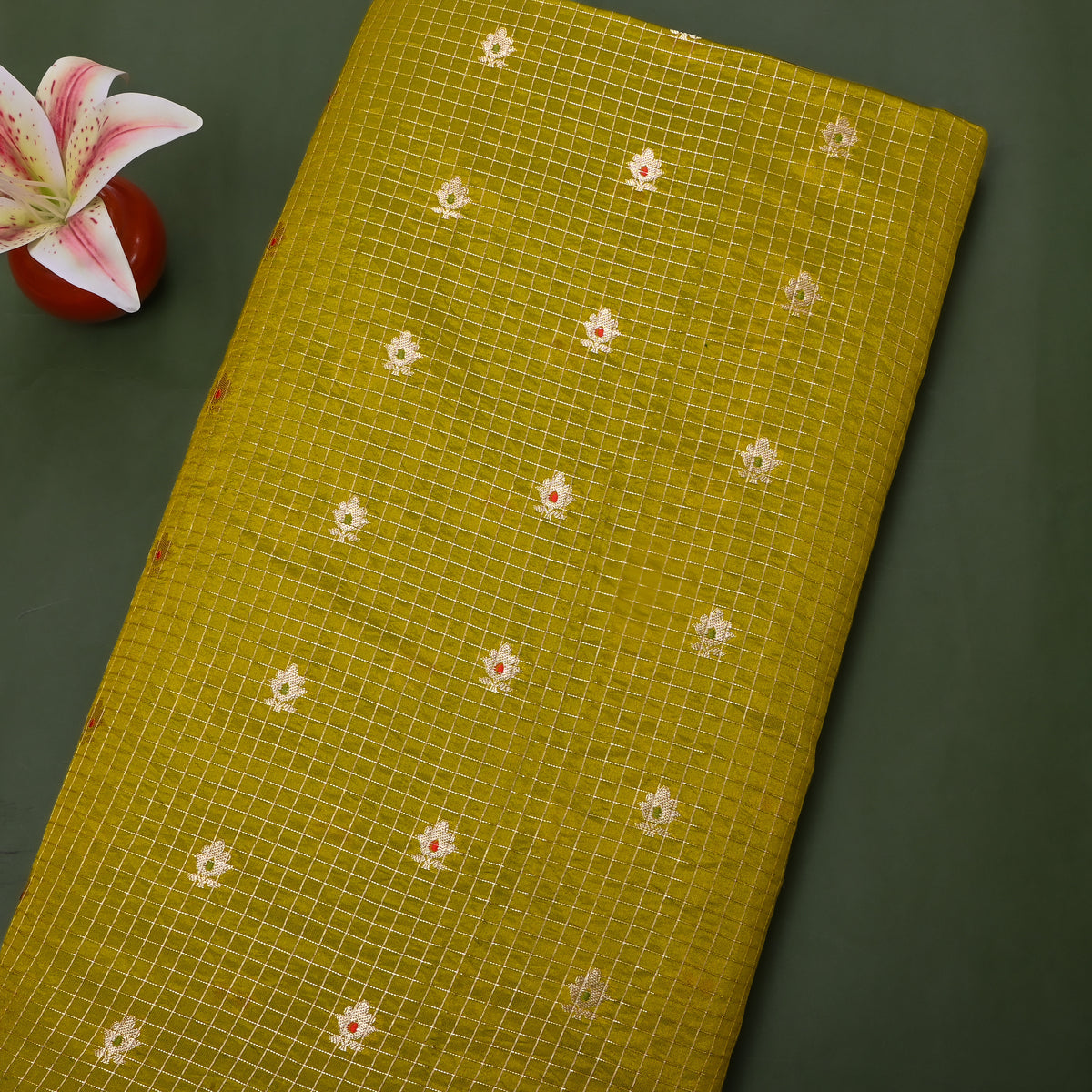 Avocado Green Gold Zari Butti Checks Jamawar Silk Fabric