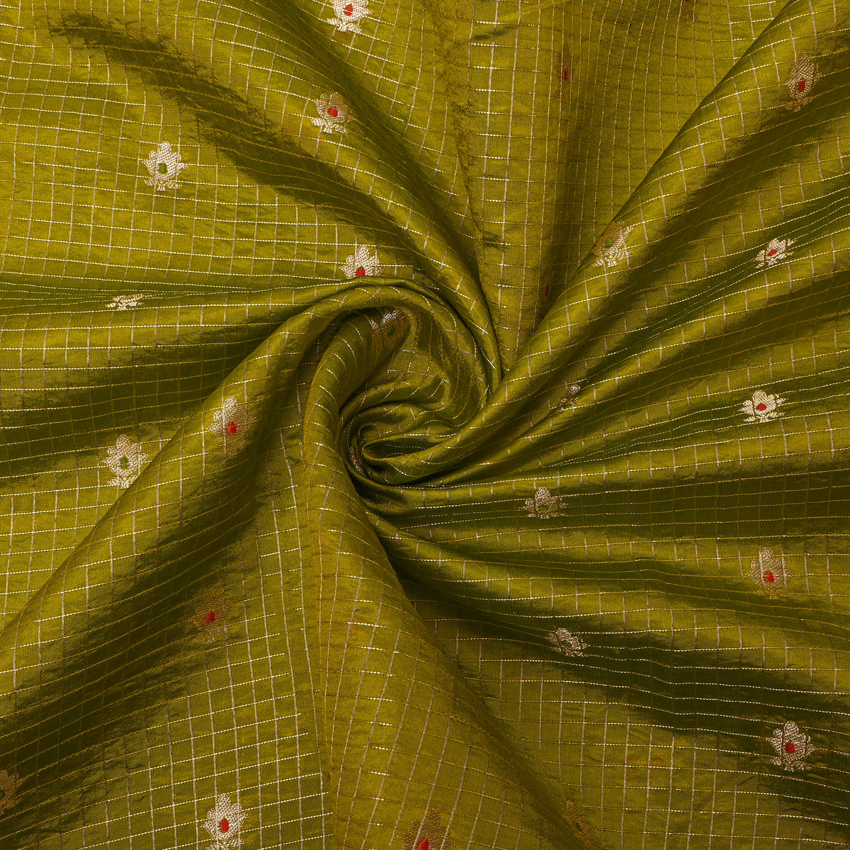 Avocado Green Gold Zari Butti Checks Jamawar Silk Fabric