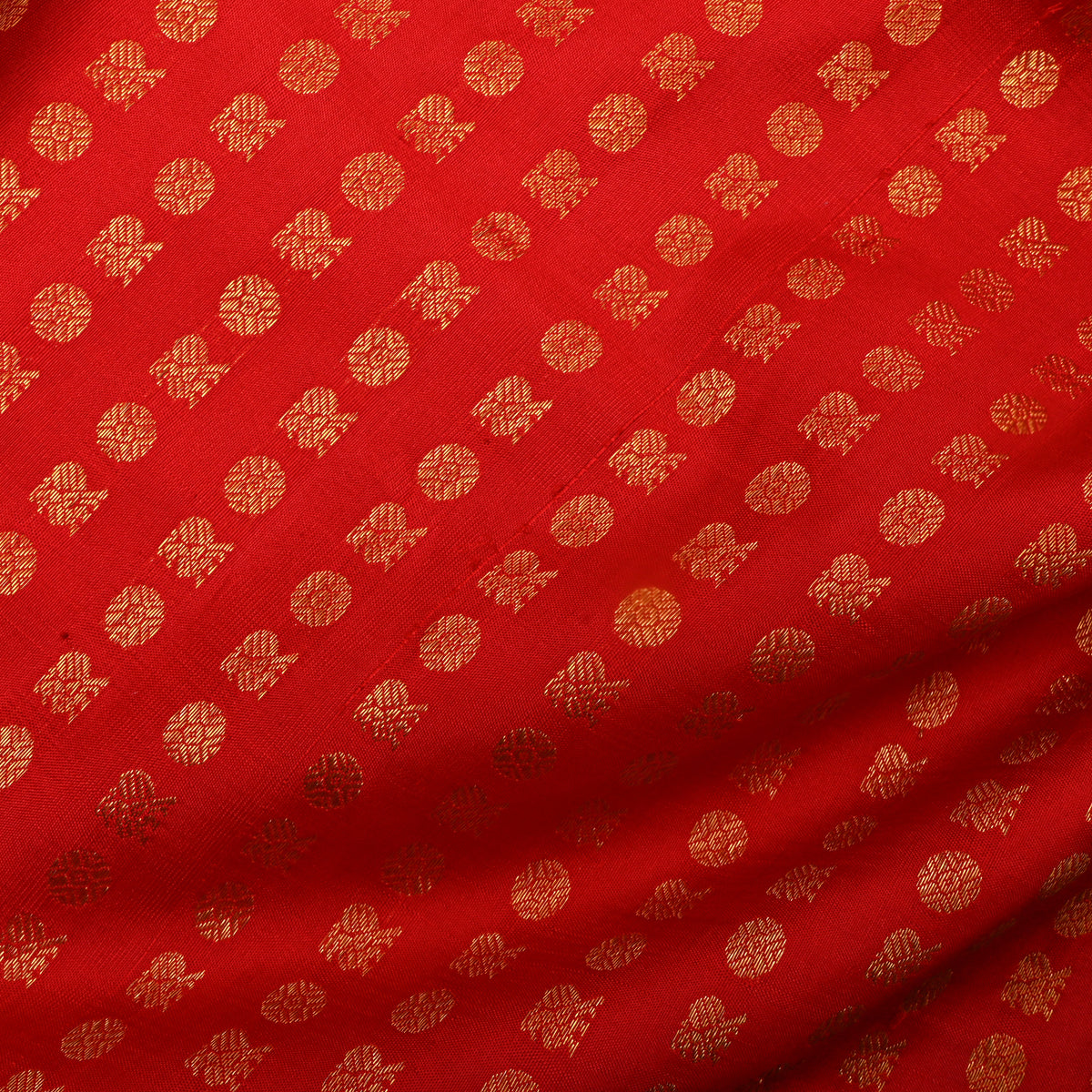 Vermilion Orange Gold Zari Butti Kanjivaram Silk Fabric