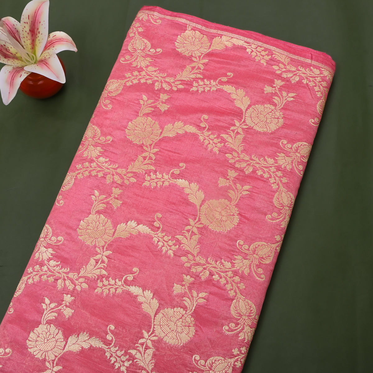 Guava Pink Gold Zari Floral Jaal Jamawar Silk Fabric
