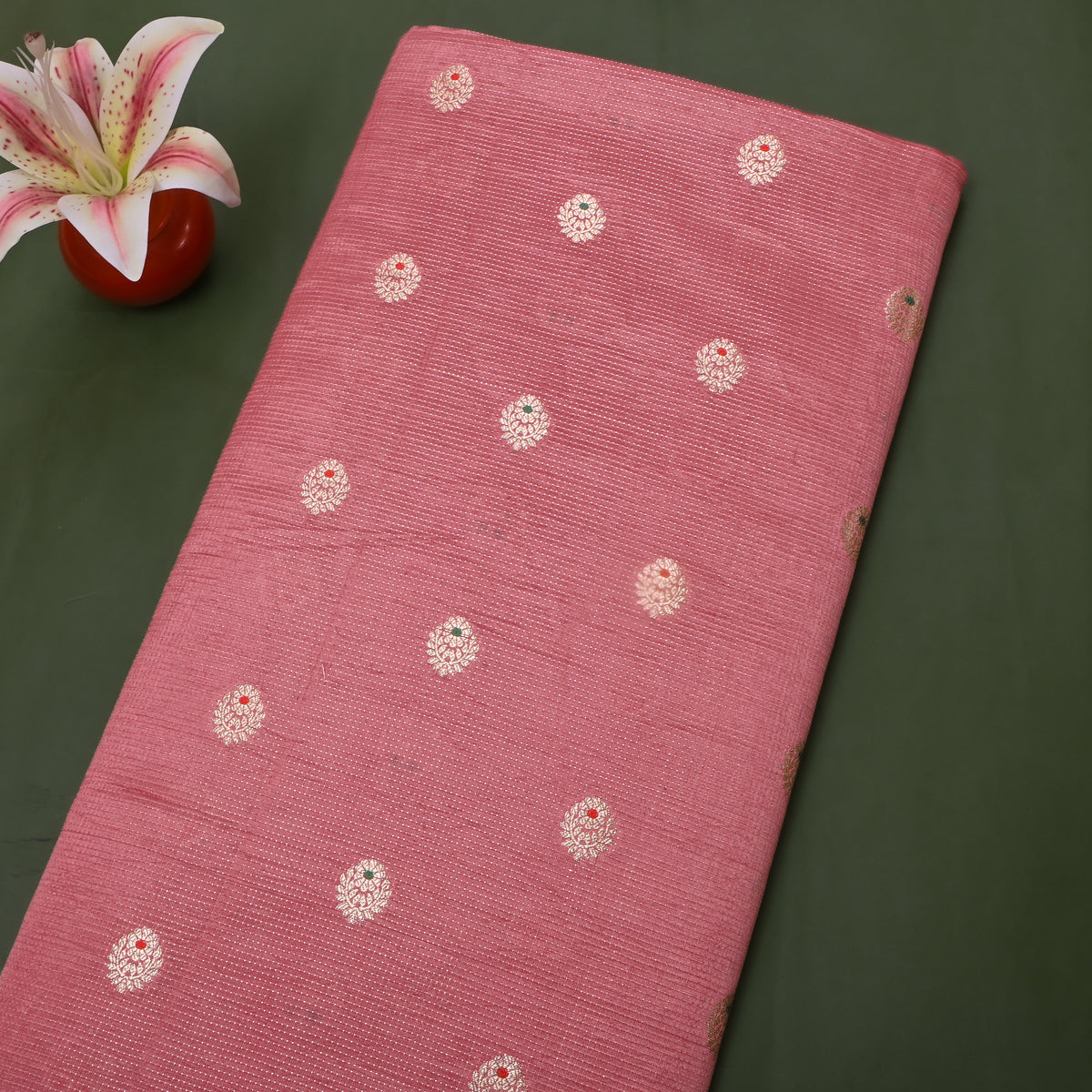Dusty Rose Silver Zari Spaced Motif Jamawar Silk Fabric