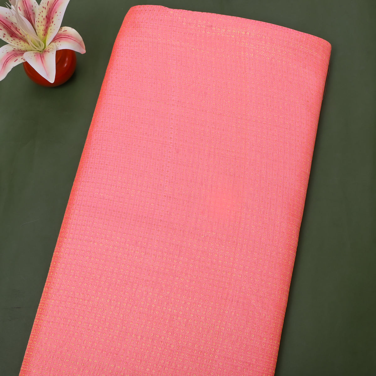 Coral Pink Gold Zari Kanjivaram Silk Fabric