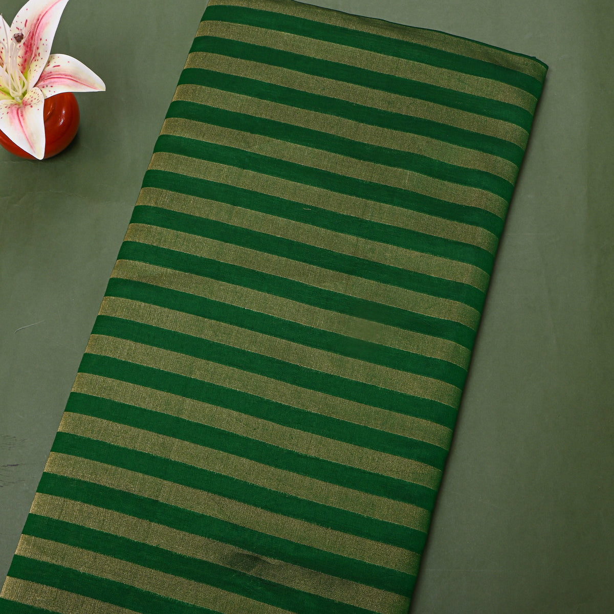 Forest Green Gold Zari Horizontal Striped Jamawar Silk Fabric