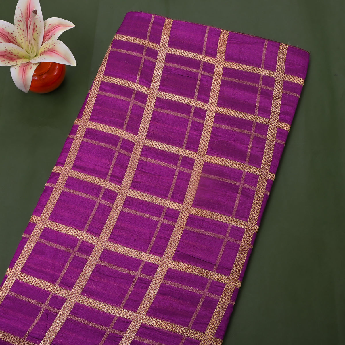 Deep Magenta Gold Zari Plaid Check Jamawar Silk Fabric