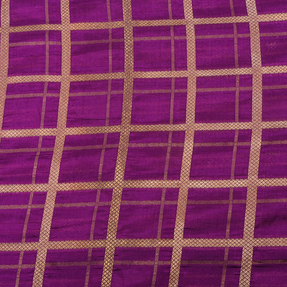 Deep Magenta Gold Zari Plaid Check Jamawar Silk Fabric