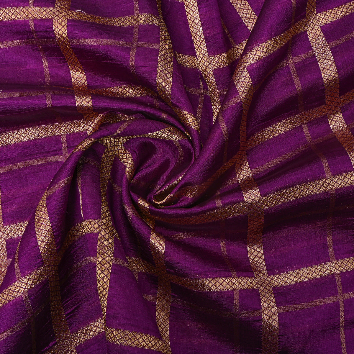 Deep Magenta Gold Zari Plaid Check Jamawar Silk Fabric