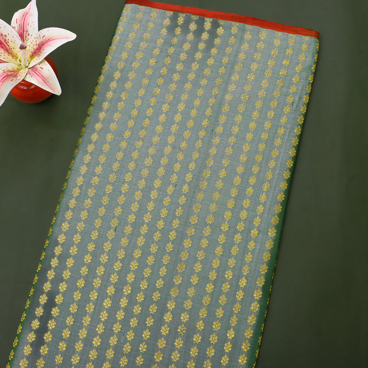 Sage Orange Floral Butti Jamawar Silk Fabric