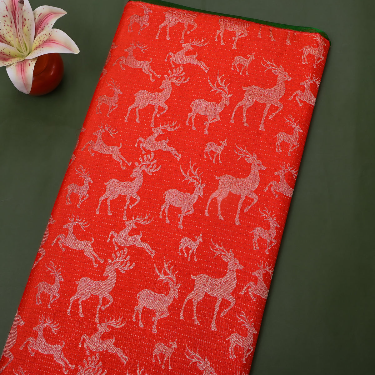 Tangerine Green Deer Zari Weave Kanjivaram Silk Fabric