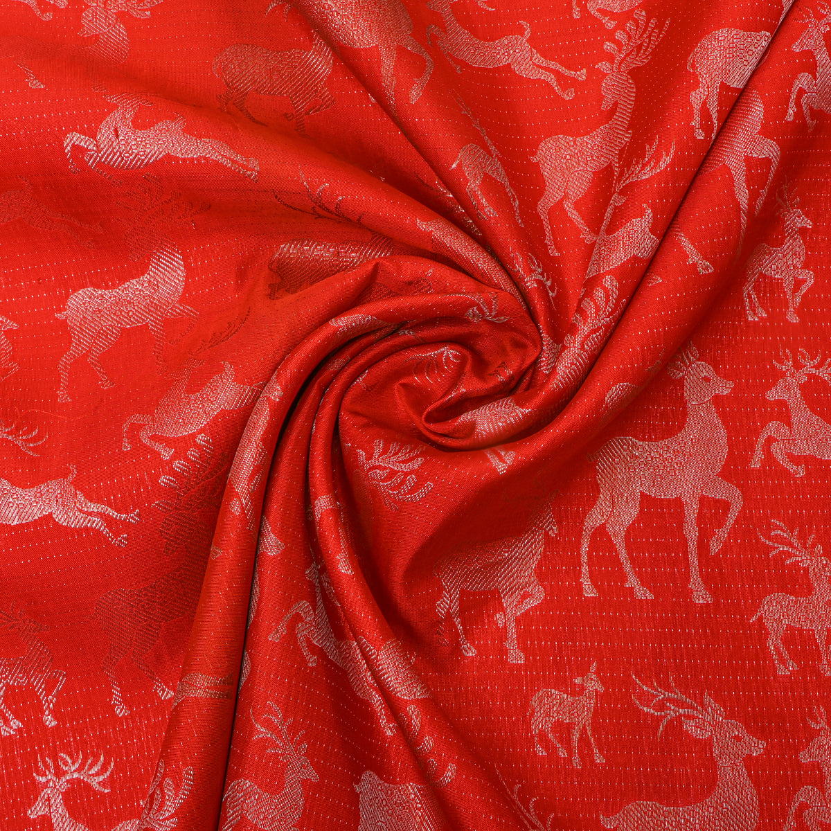 Tangerine Green Deer Zari Weave Kanjivaram Silk Fabric