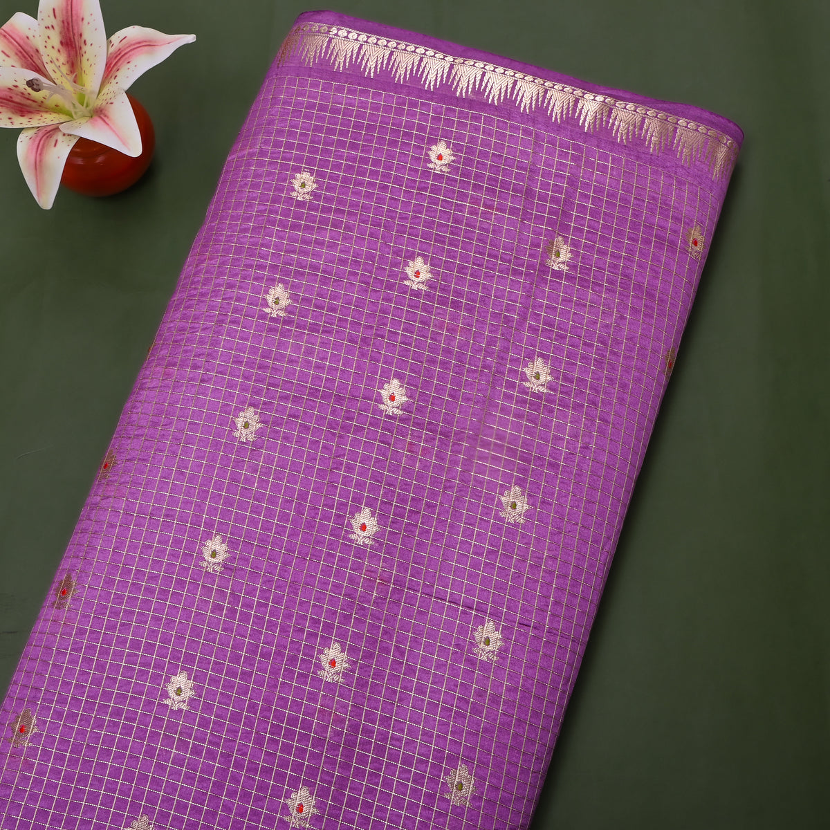 Heather Purple Silver Zari Butti Checks Jamawar Silk Fabric