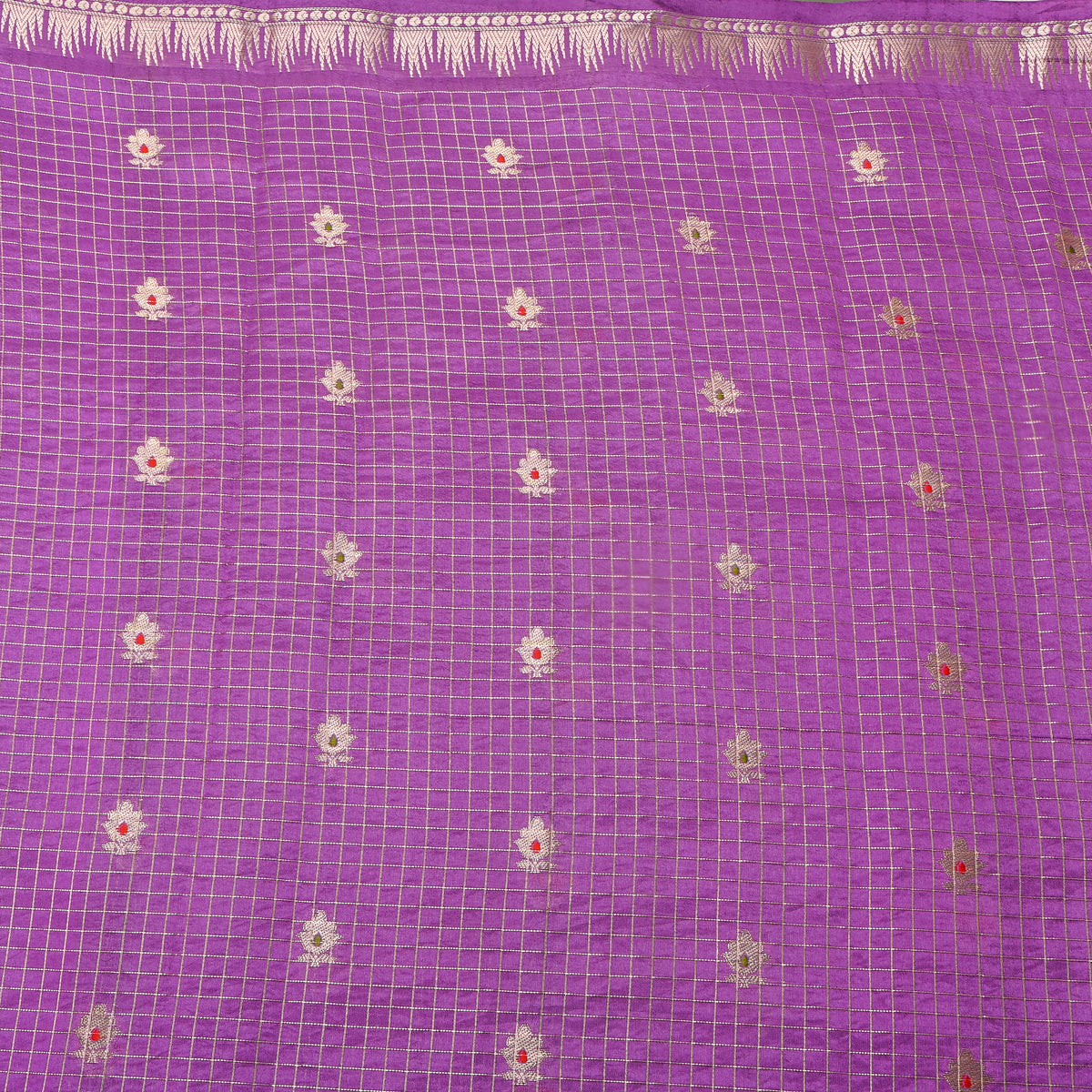 Heather Purple Silver Zari Butti Checks Jamawar Silk Fabric