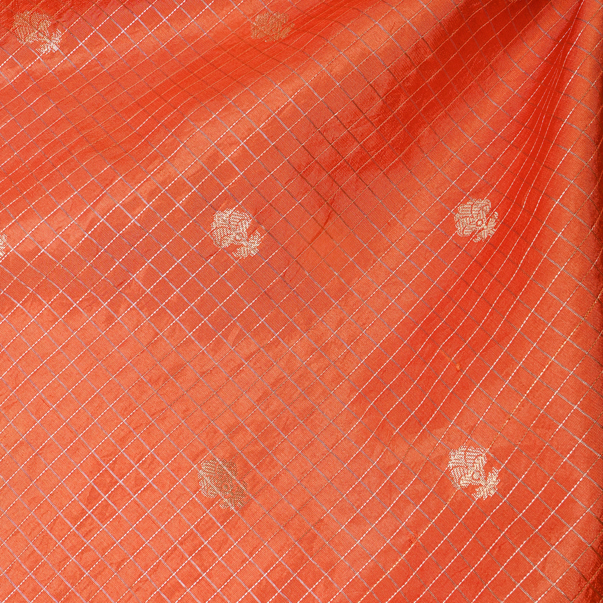 Apricot Orange Gold Zari Grid Butti Jamawar Silk Fabric