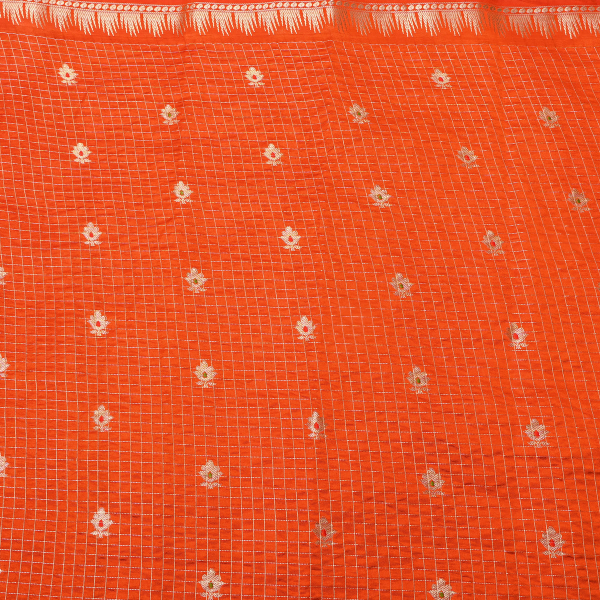 Persimmon Orange Gold Zari Butti Checks Jamawar Silk Fabric
