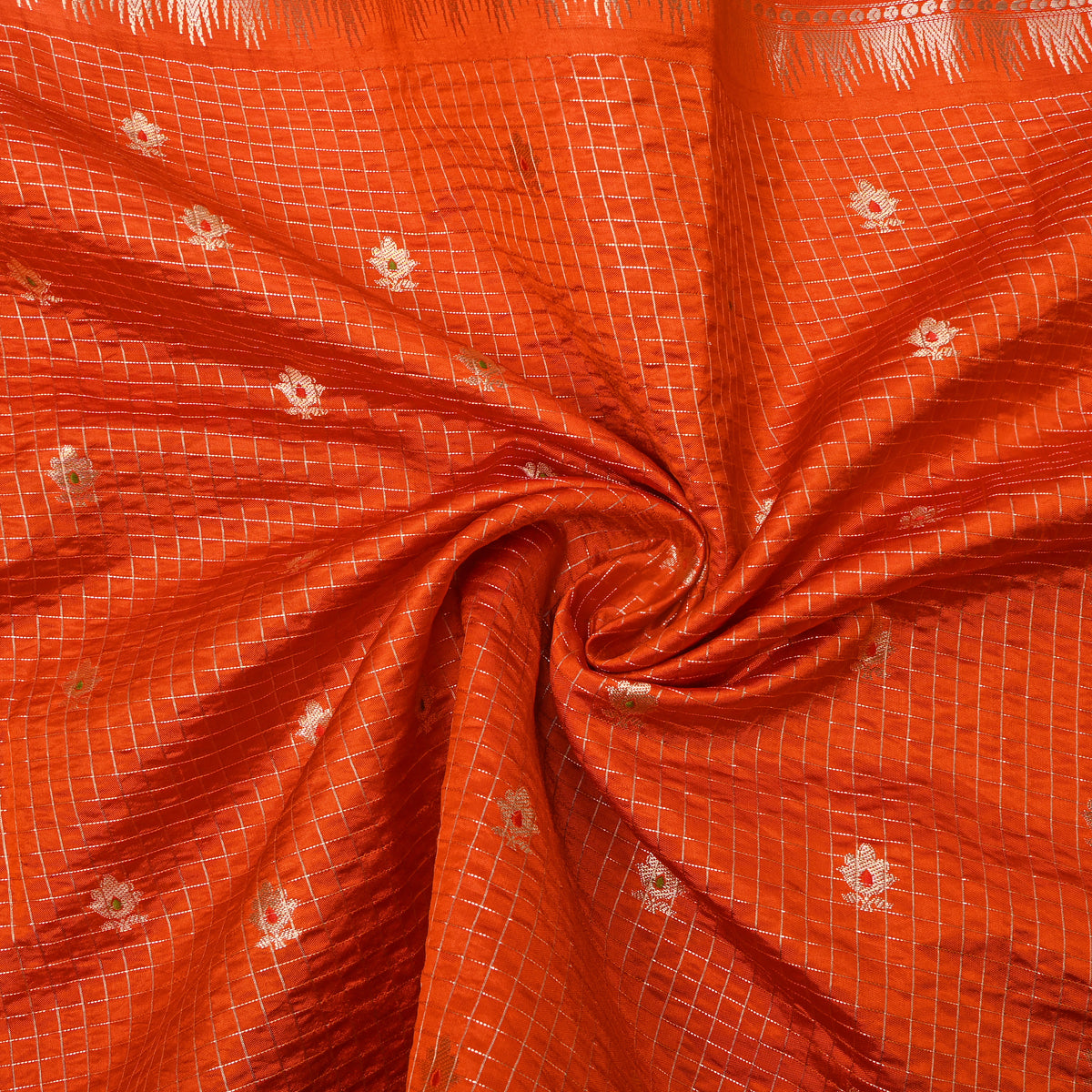 Persimmon Orange Gold Zari Butti Checks Jamawar Silk Fabric