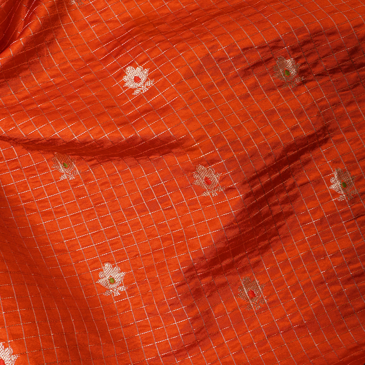 Persimmon Orange Gold Zari Butti Checks Jamawar Silk Fabric