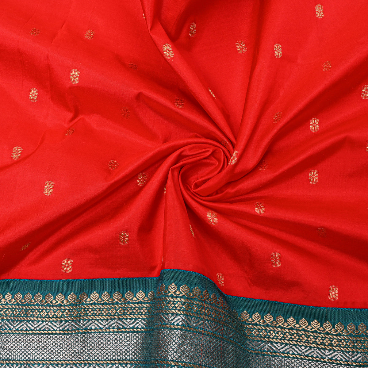 Tomato Dual Tone Zari Butti Green Border Jamawar Silk Fabric