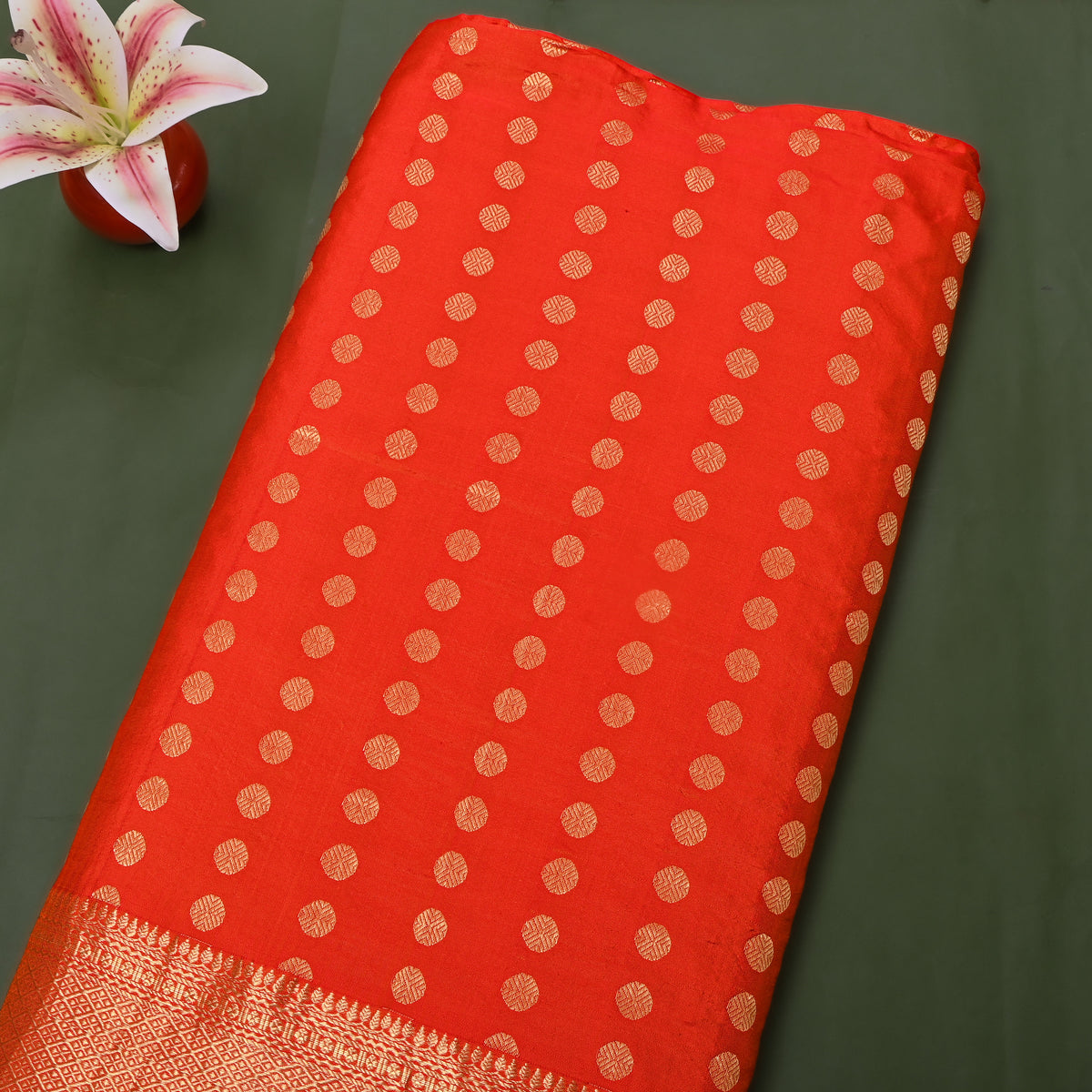 Poppy Orange Gold Zari Butti Jamawar Silk Fabric With Broad Border