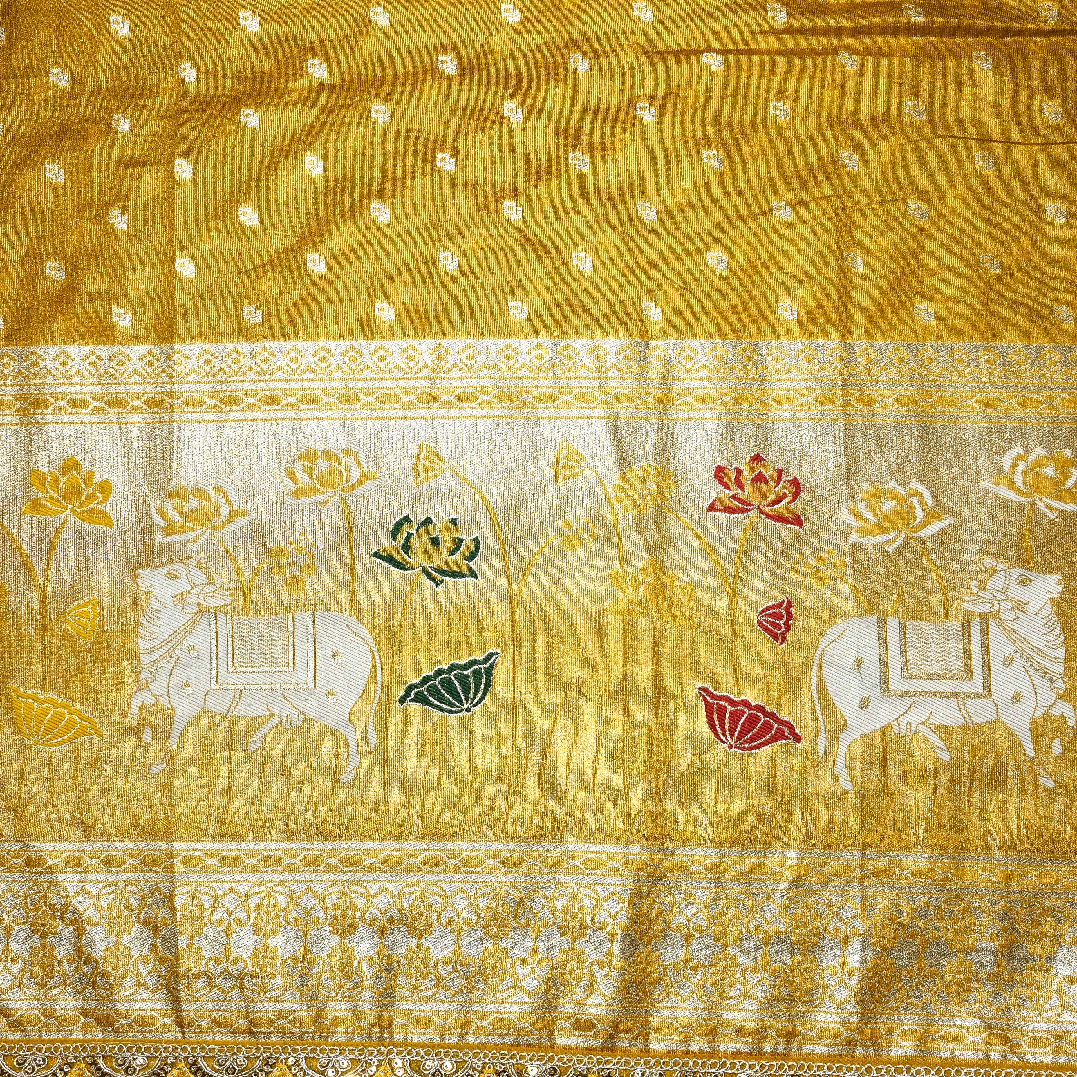 Gold Dola Silk Fabric With Pichwai Border