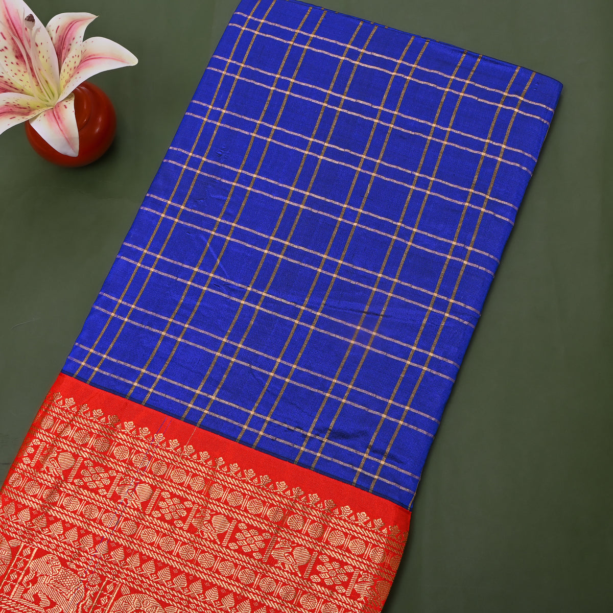 Royal Blue Gold Zari Checks Orange Border Jamawar Silk Fabric