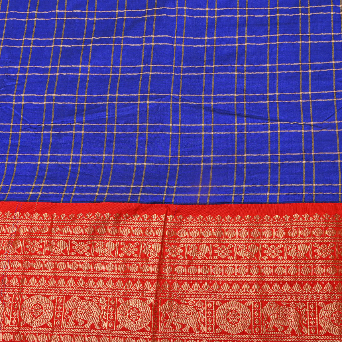 Royal Blue Gold Zari Checks Orange Border Jamawar Silk Fabric