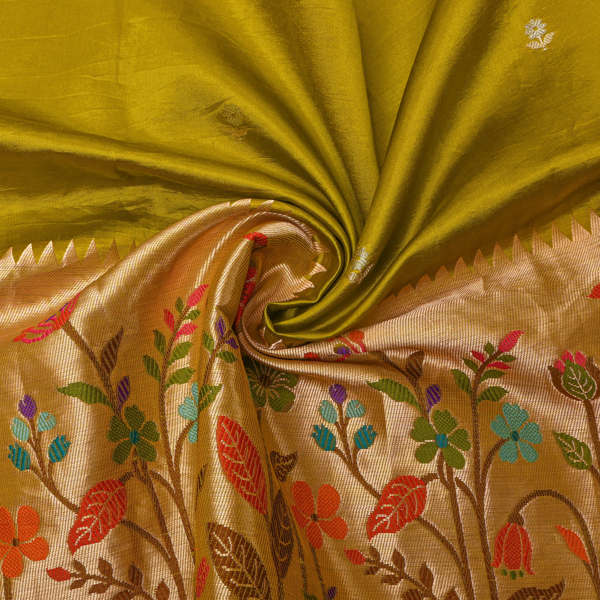 Mustard Green Floral Border Dual-Tone Jamawar Silk Fabric