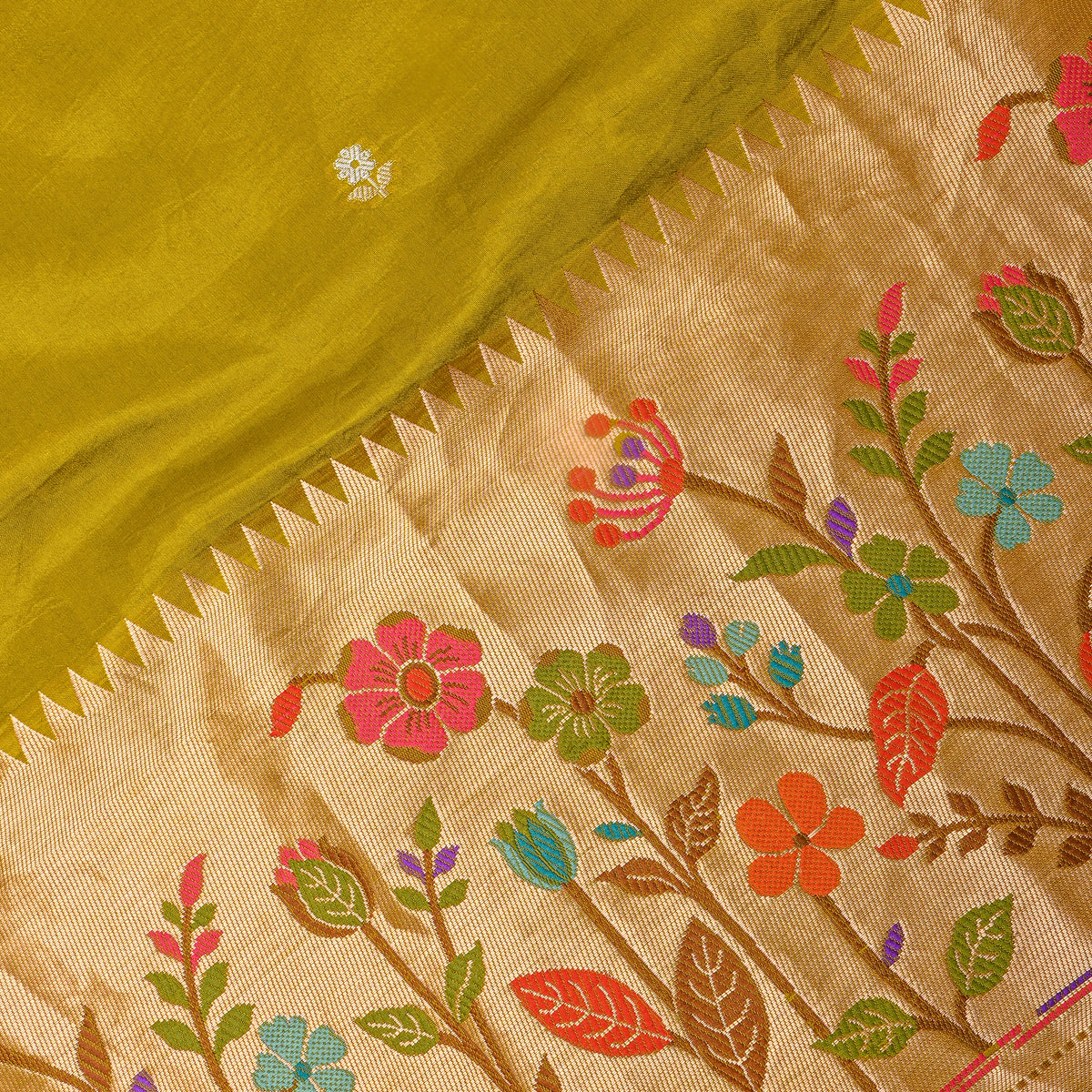 Mustard Green Floral Border Dual-Tone Jamawar Silk Fabric