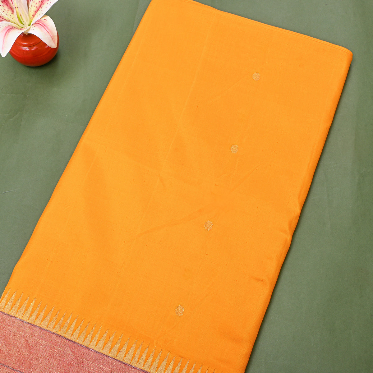 Marigold Orange Gold Zari Butti Paithani Border Silk Fabric