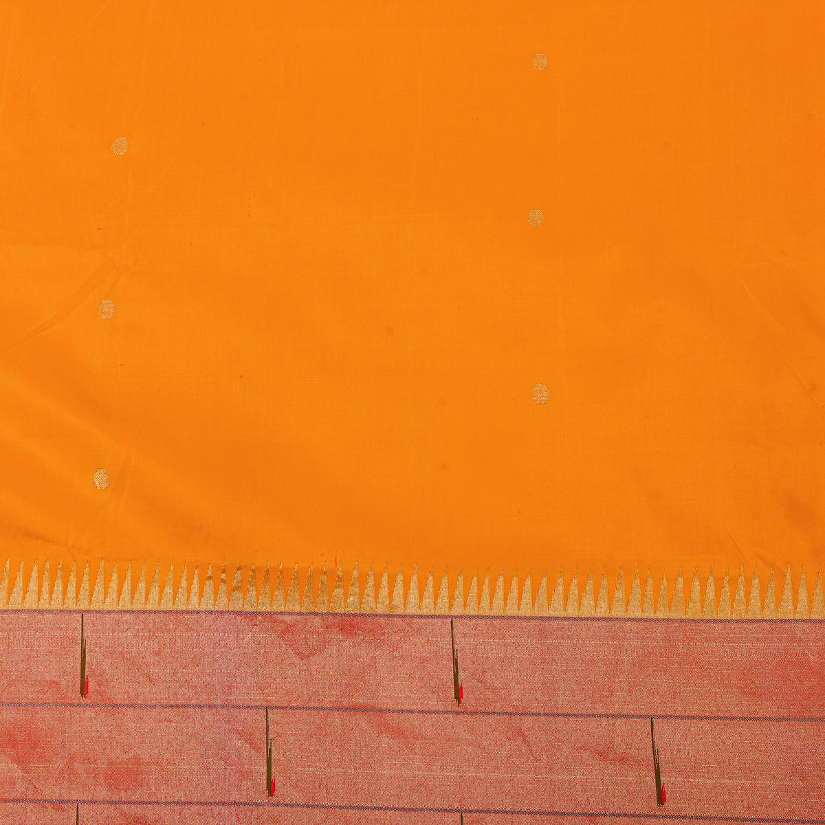 Marigold Orange Gold Zari Butti Paithani Border Silk Fabric