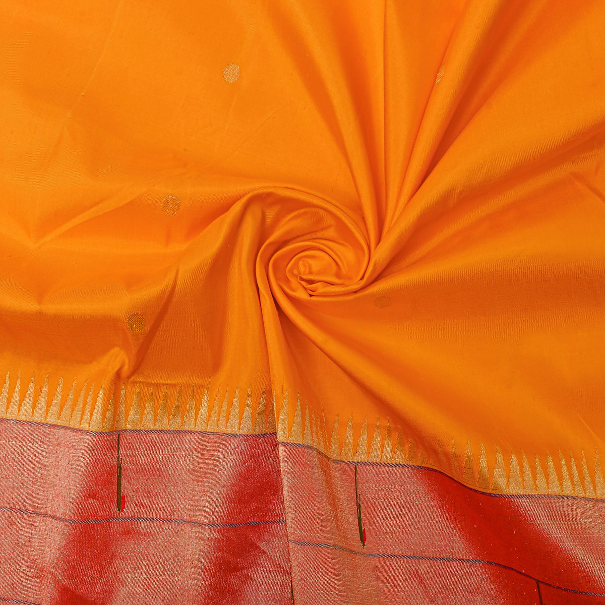 Marigold Orange Gold Zari Butti Paithani Border Silk Fabric