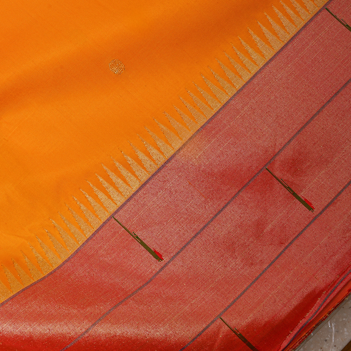 Marigold Orange Gold Zari Butti Paithani Border Silk Fabric