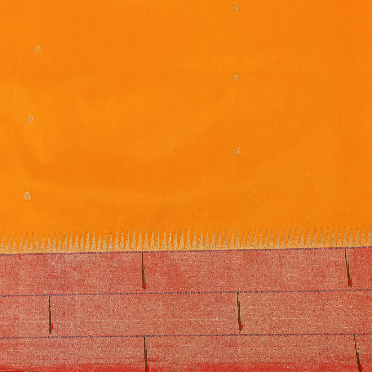 Saffron Gold Zari Butti Paithani Border Self Weave Silk Fabric