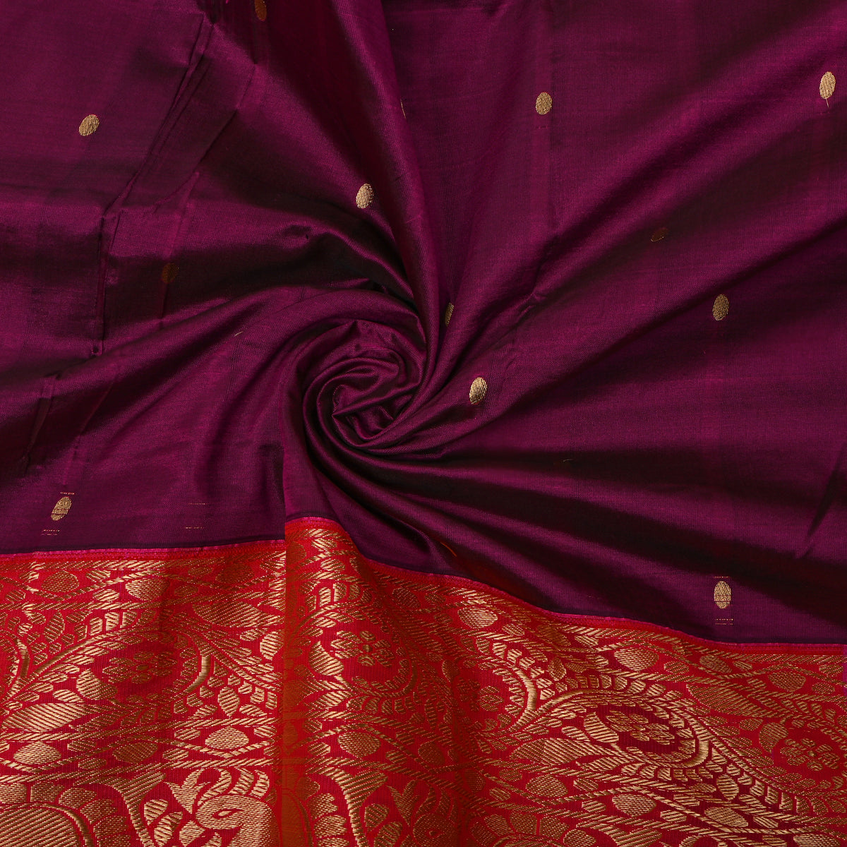 Plum Gold Zari Butti Red Border Jamawar Silk Fabric