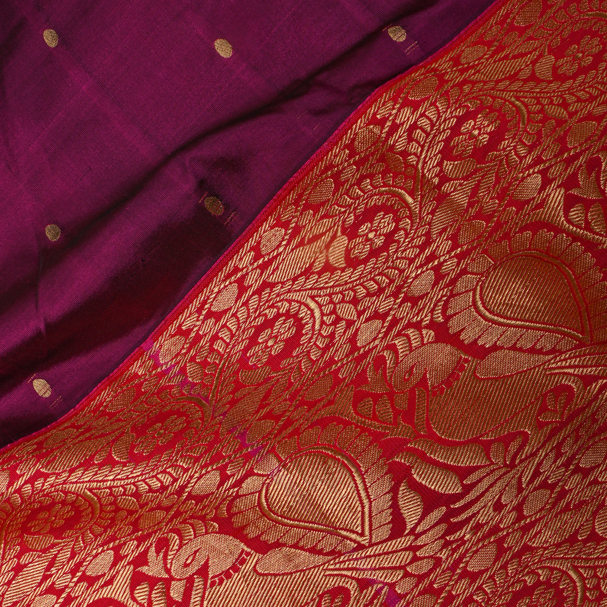 Plum Gold Zari Butti Red Border Jamawar Silk Fabric