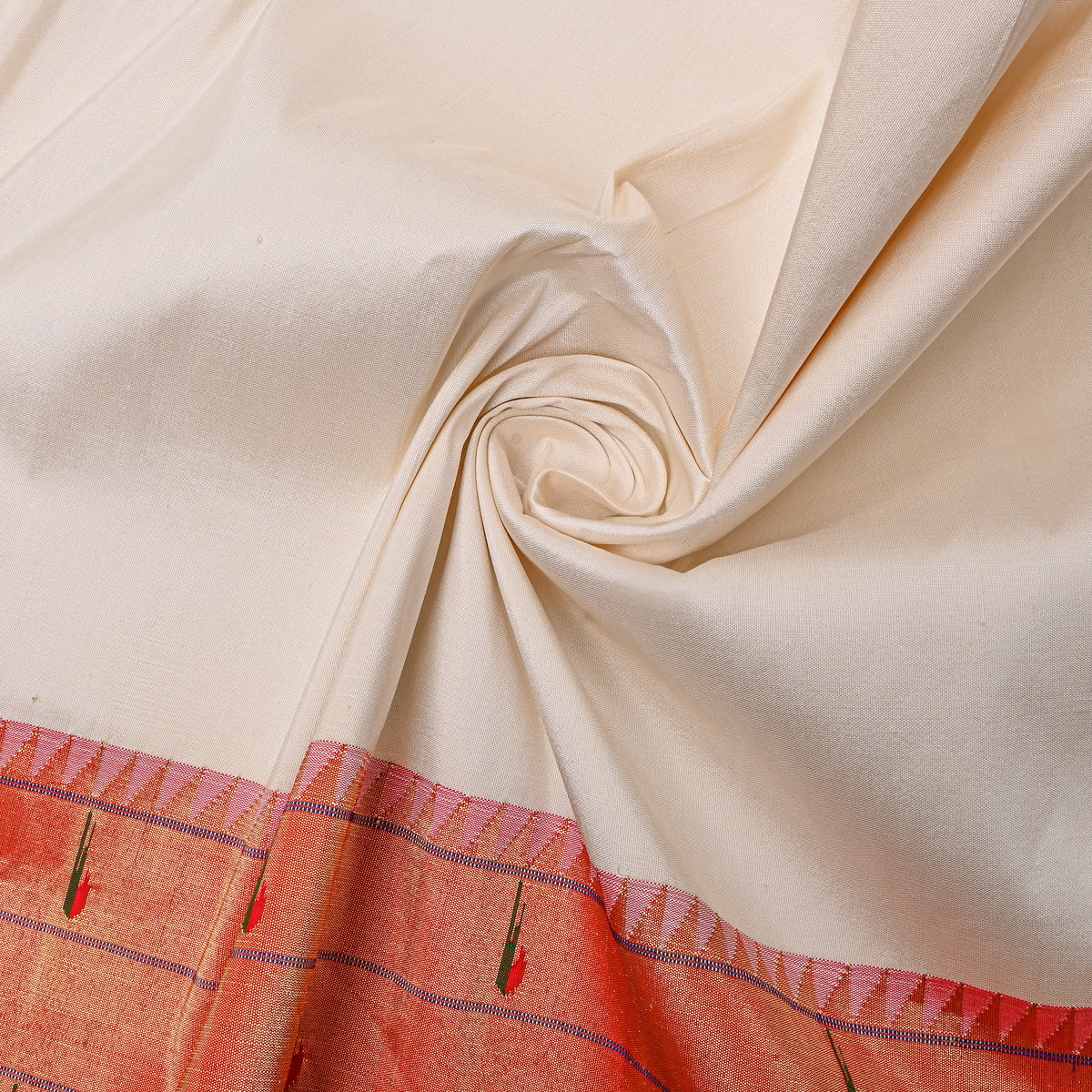 Cream White Gold Zari Butti Paithani Border Silk Fabric