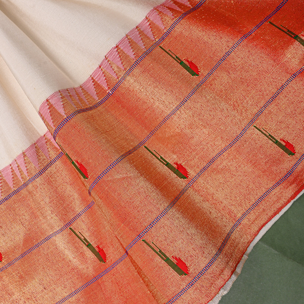 Cream White Gold Zari Butti Paithani Border Silk Fabric