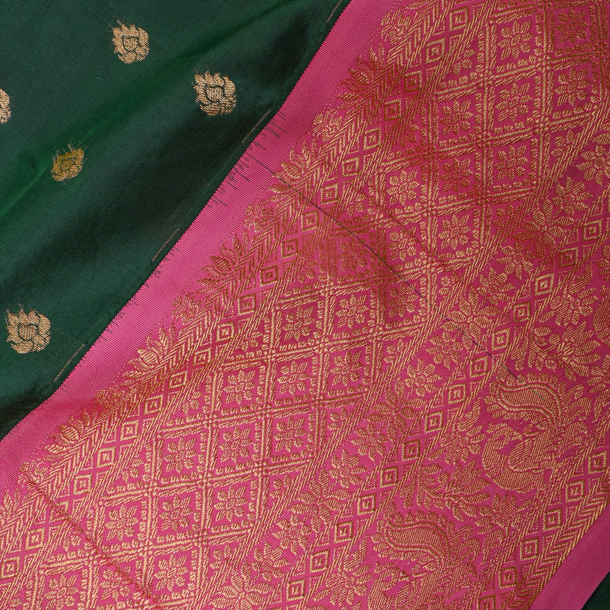 Bottle Green Gold Zari Butti Pink Border Jamawar Silk Fabric
