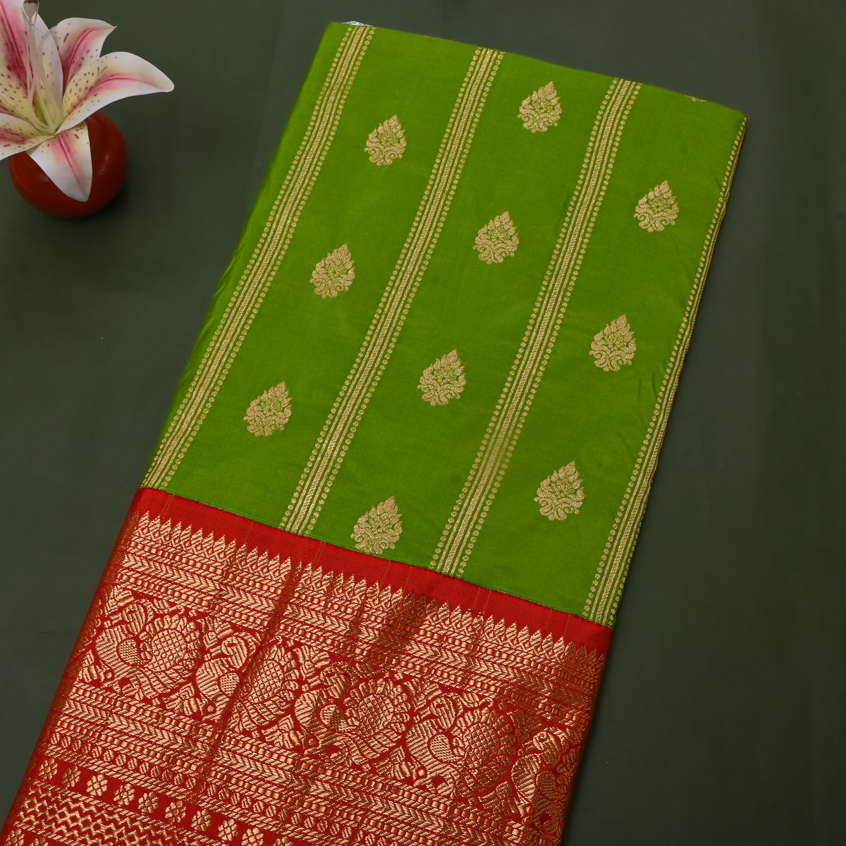 Apple Gold Zari Striped Butti Jamawar Silk Fabric