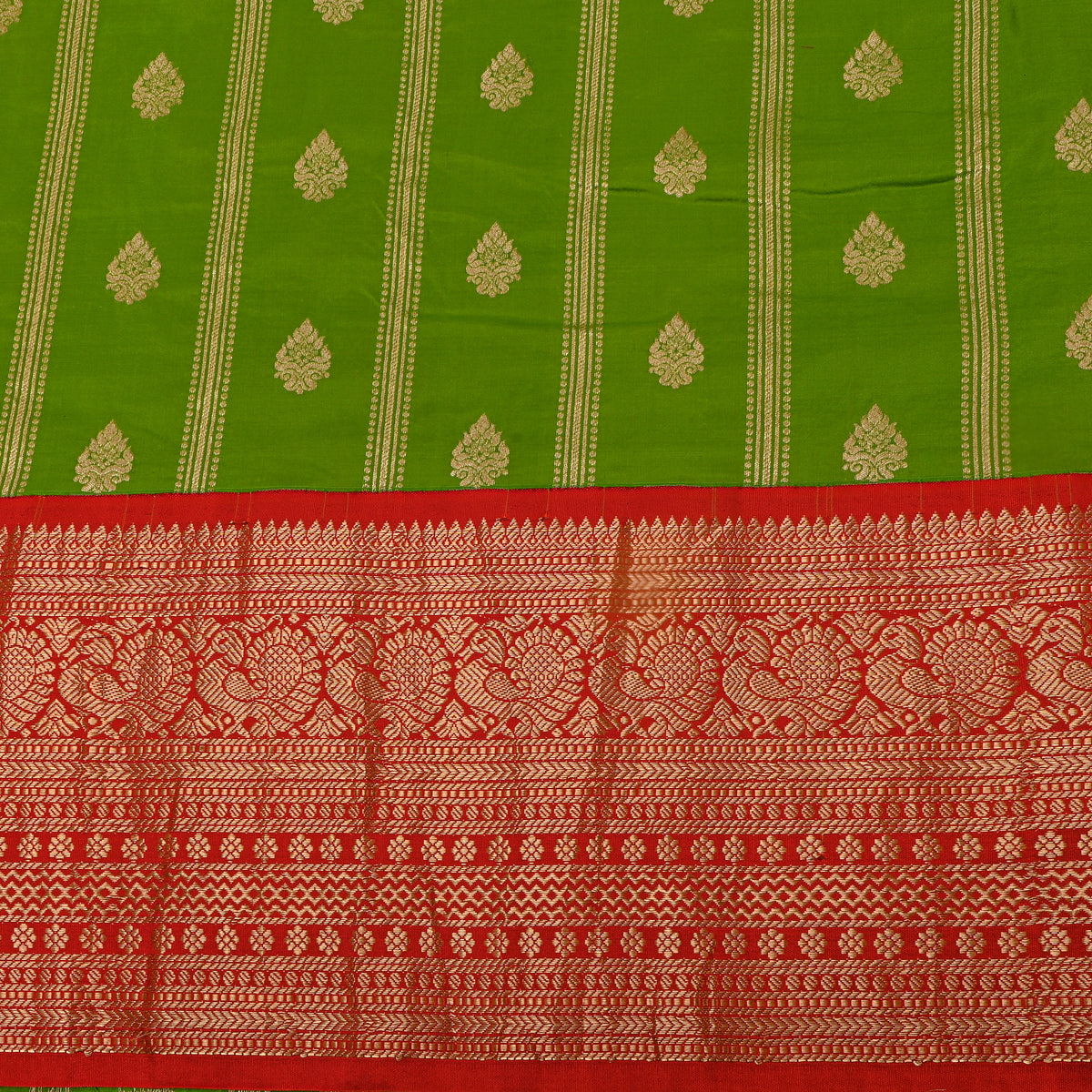 Apple Gold Zari Striped Butti Jamawar Silk Fabric