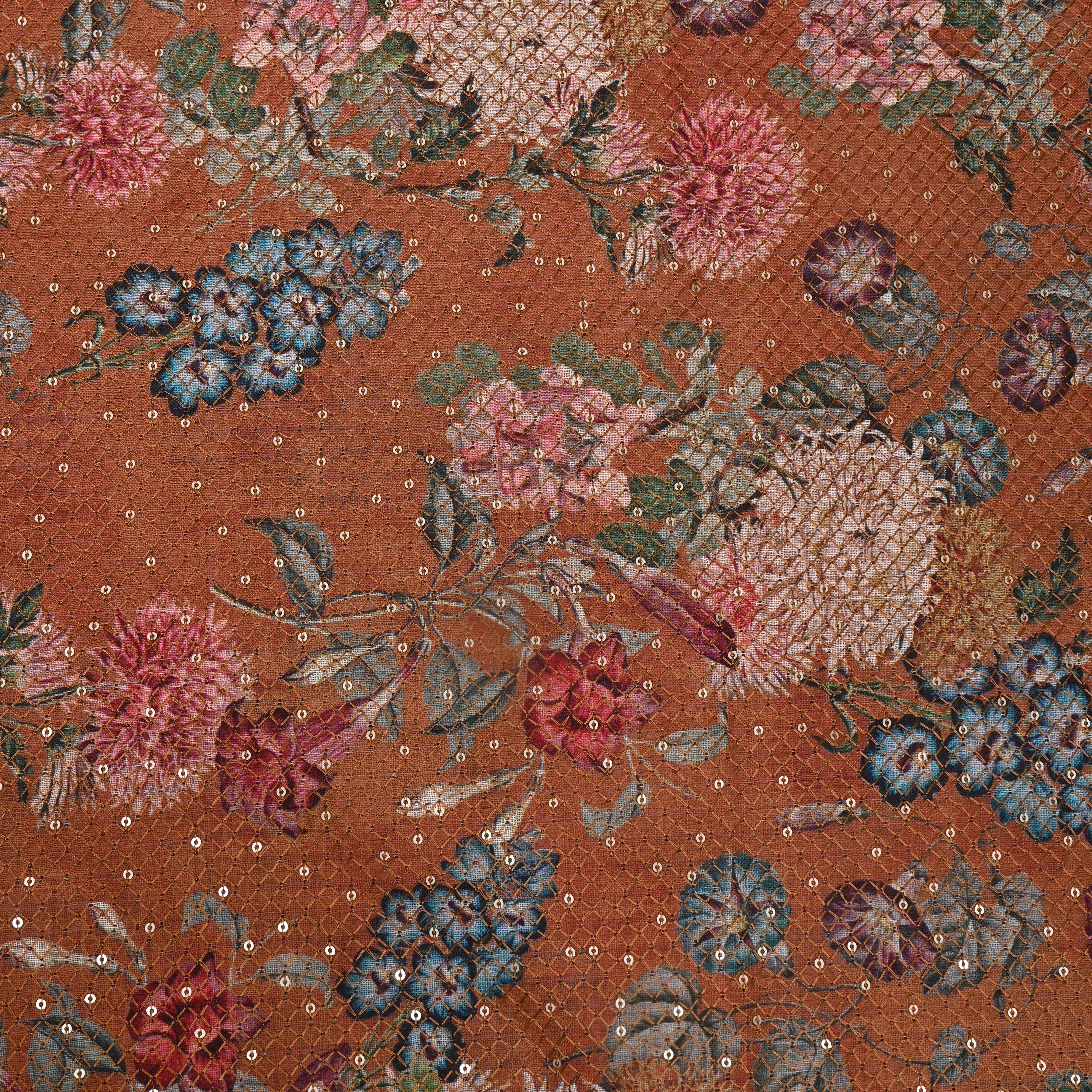 Rust Floral Digital Print Sequin Cotton Fabric