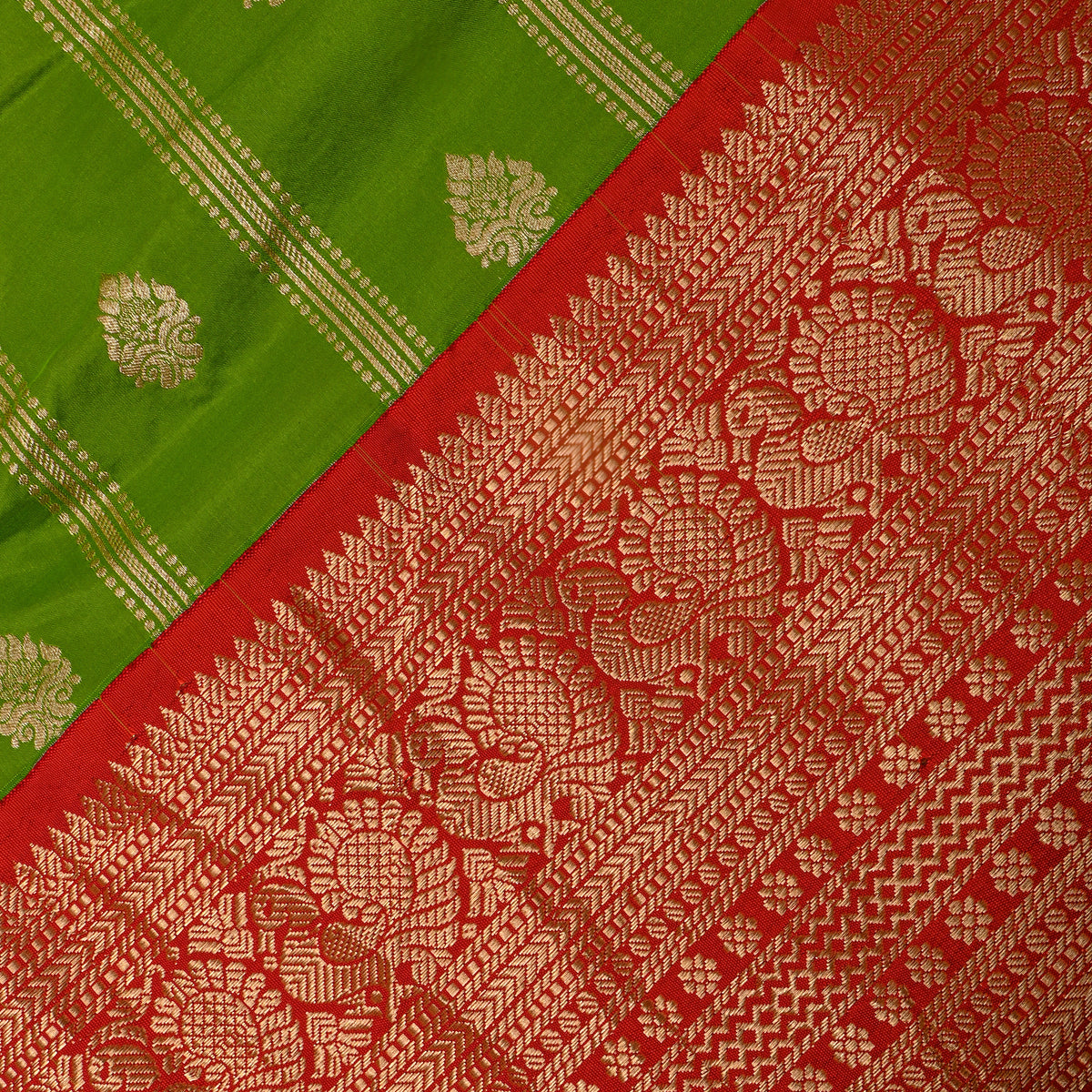Apple Gold Zari Striped Butti Jamawar Silk Fabric