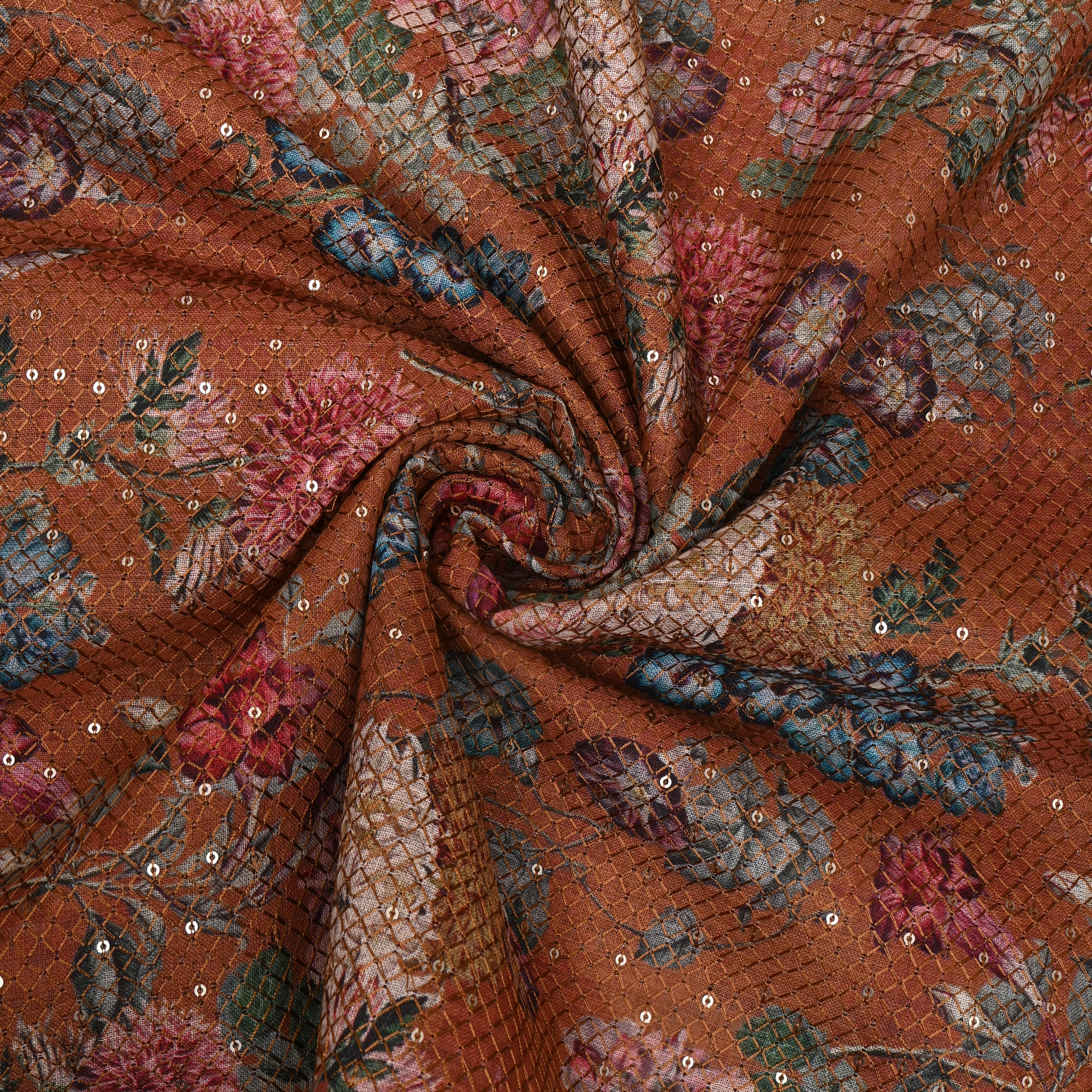 Rust Floral Digital Print Sequin Cotton Fabric