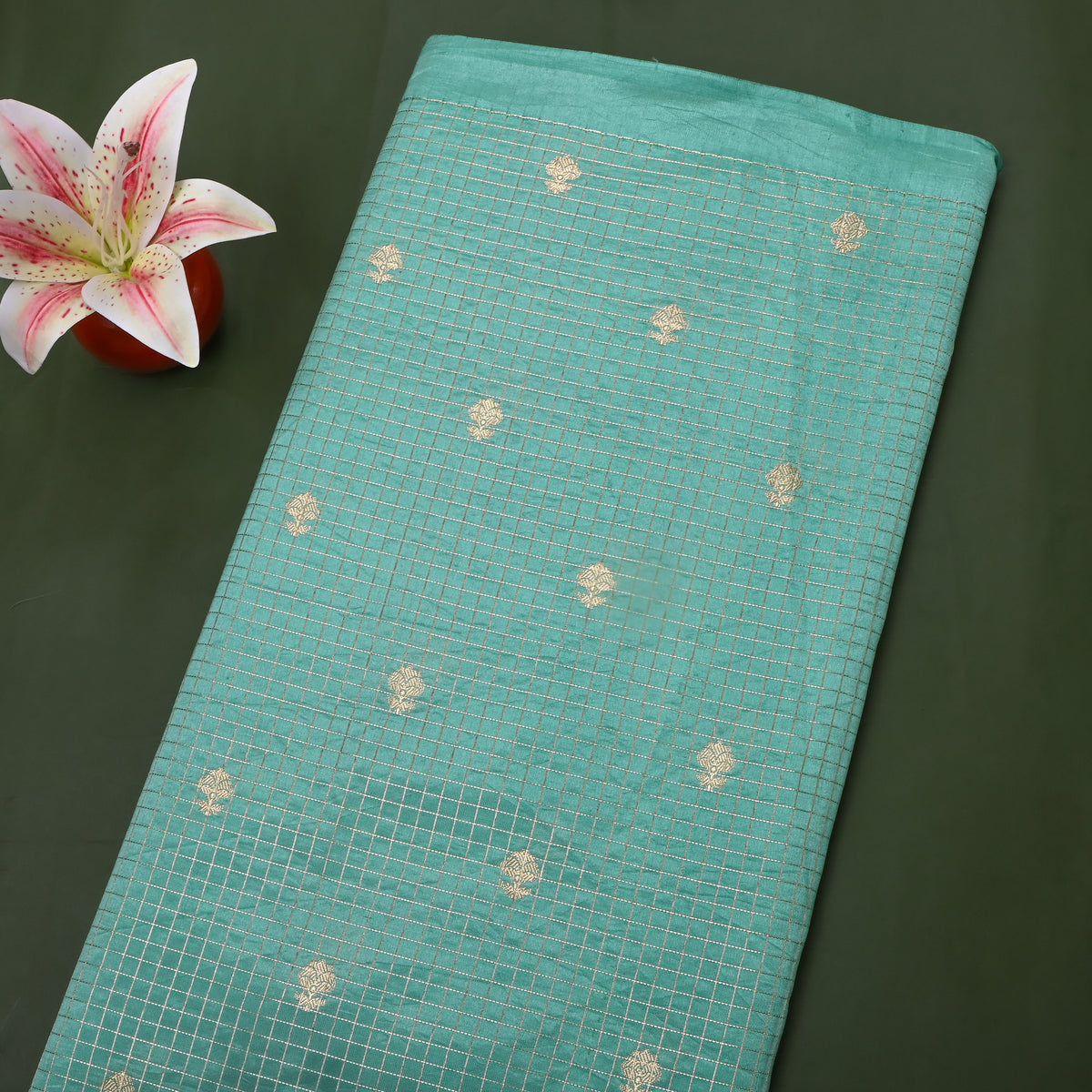 Sea Green Gold Zari Check Grid Jamawar Silk Fabric