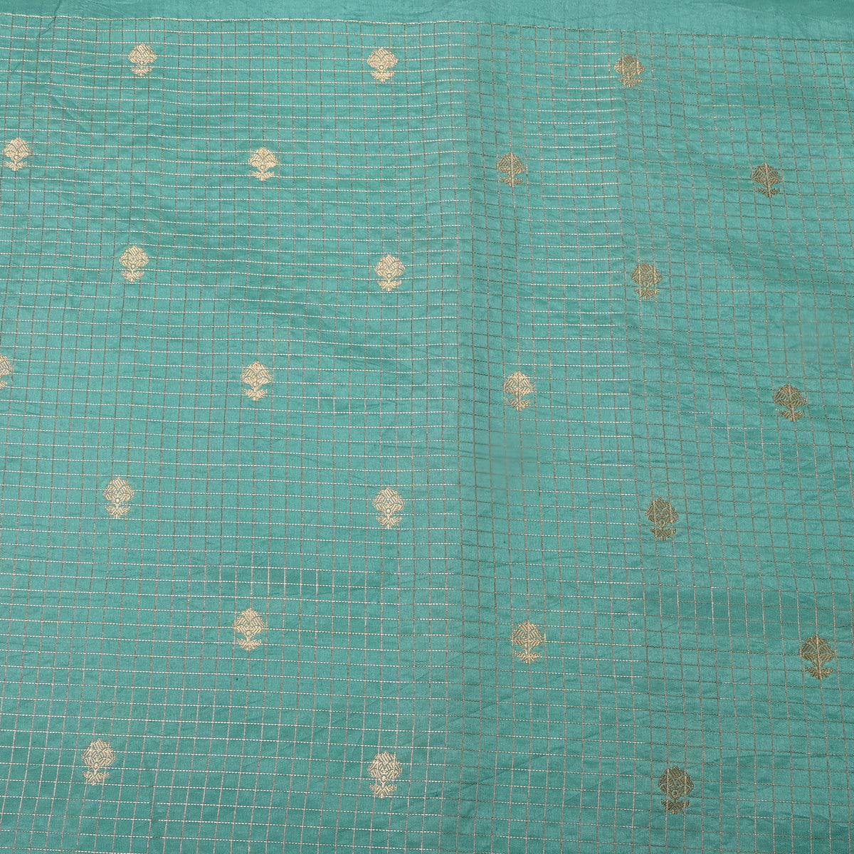 Sea Green Gold Zari Check Grid Jamawar Silk Fabric