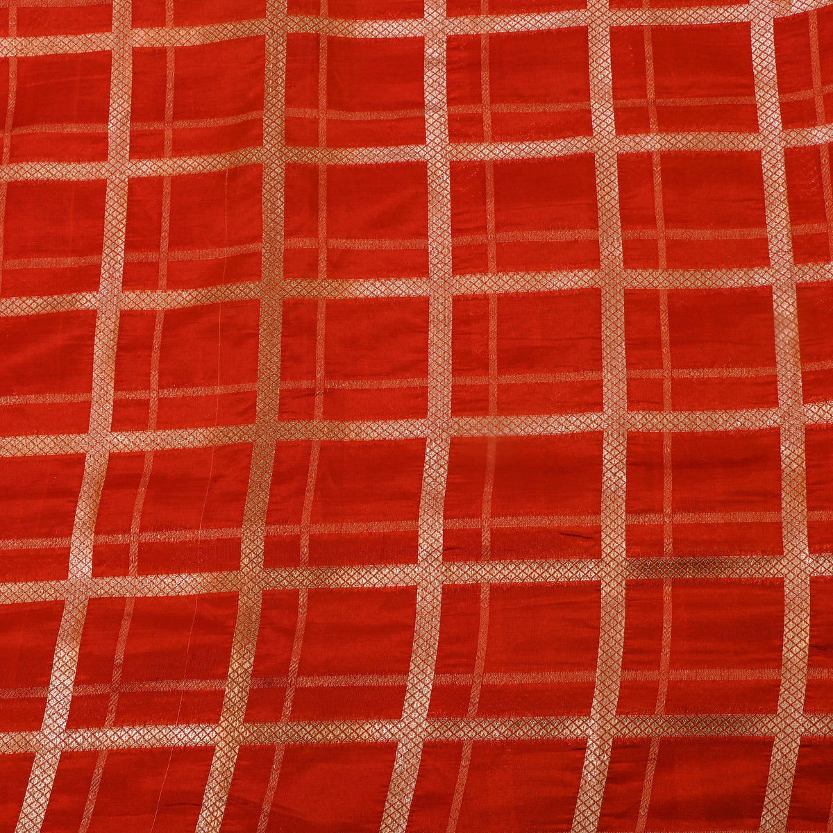 Scarlet Red Gold Zari Check Jamawar Silk Fabric