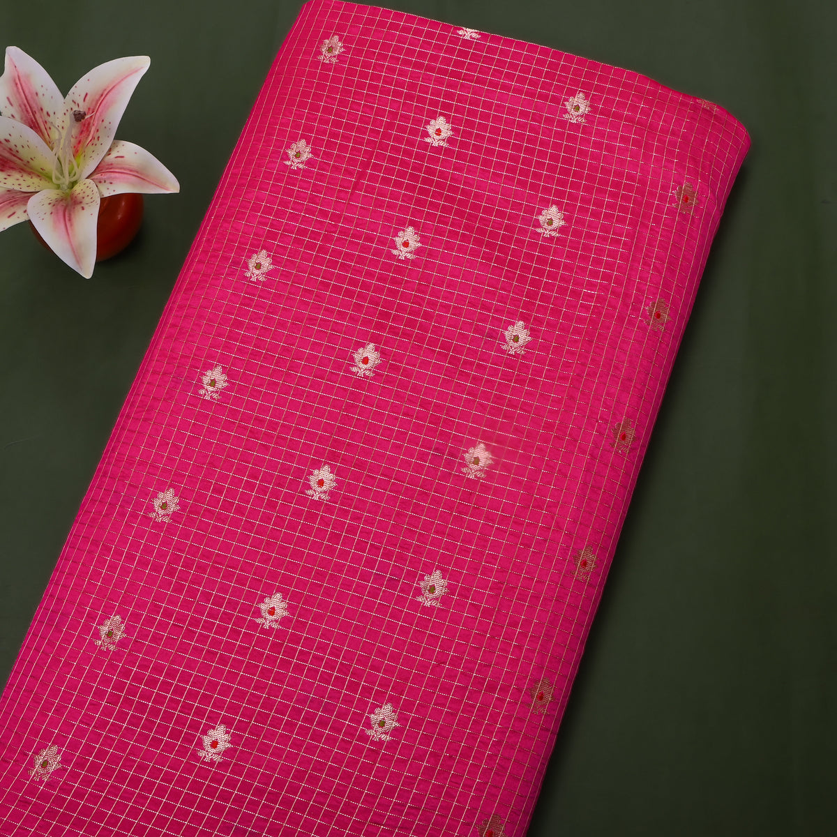 Cerise Pink Silver Zari Butti Checks Jamawar Silk Fabric