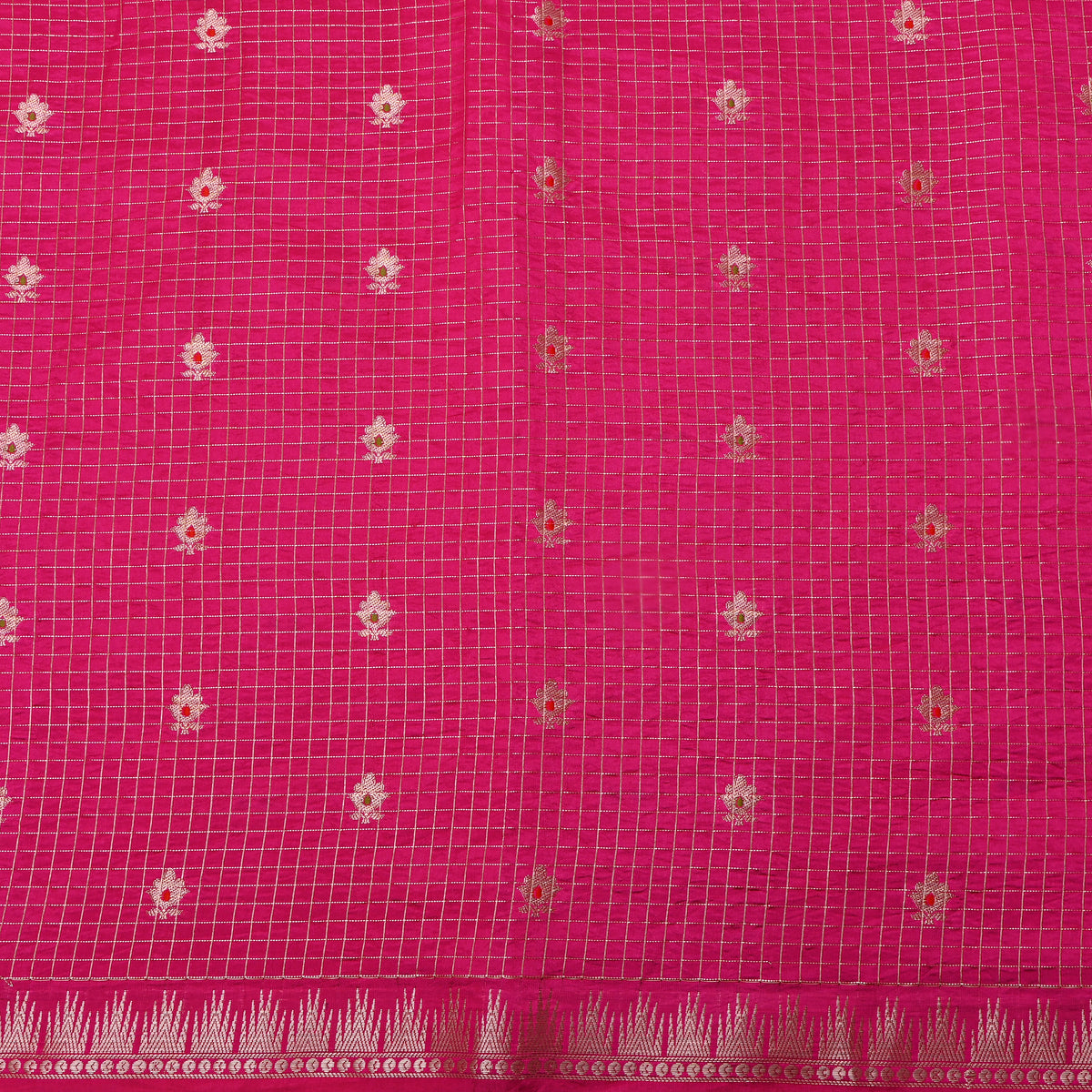 Cerise Pink Silver Zari Butti Checks Jamawar Silk Fabric