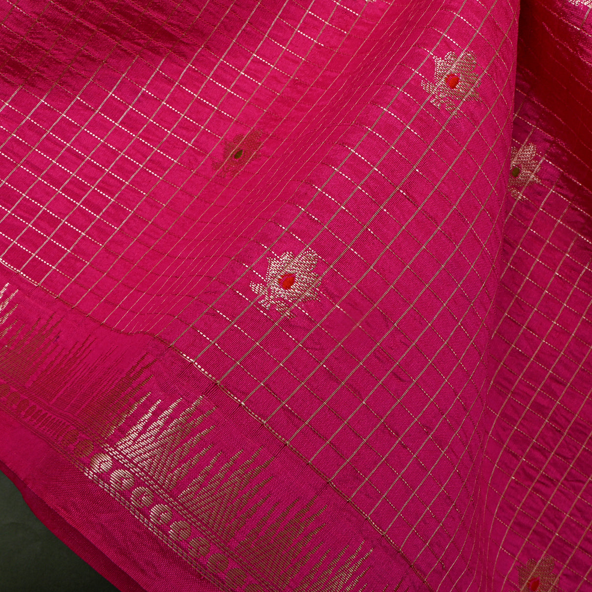 Cerise Pink Silver Zari Butti Checks Jamawar Silk Fabric