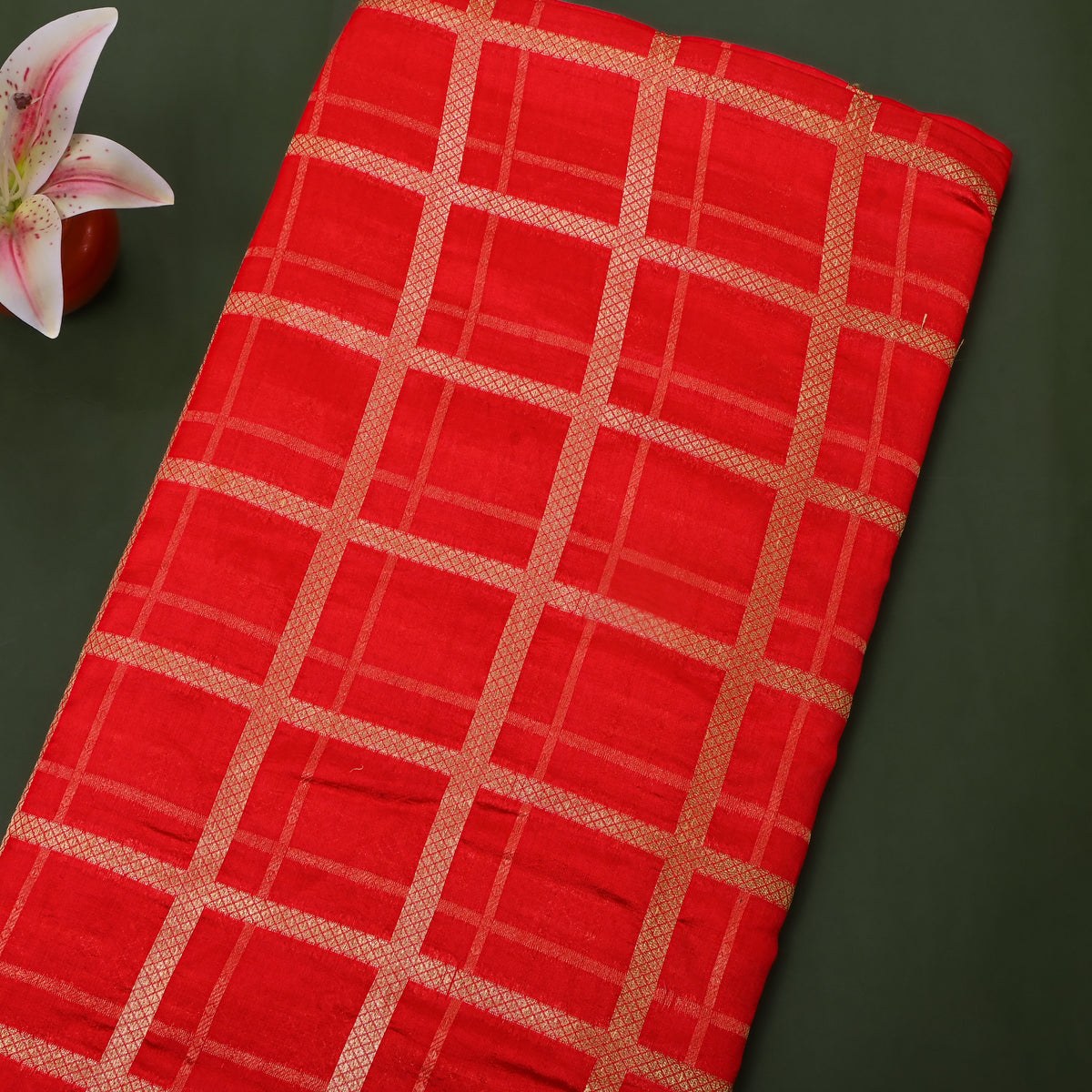 Scarlet Orange Gold Zari Grid Check Jamawar Silk Fabric