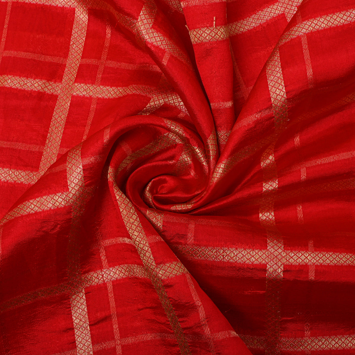 Scarlet Orange Gold Zari Grid Check Jamawar Silk Fabric